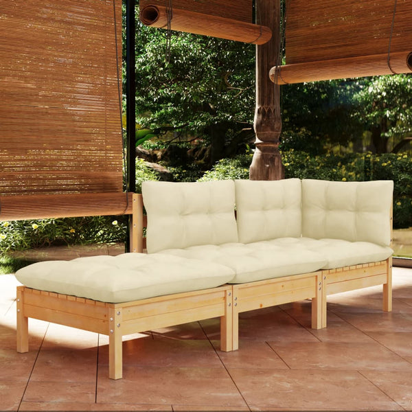 vidaXL 3-Piece Garden Lounge Set with Cream Cushions Solid Pine Wood