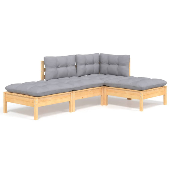 vidaXL 4-Piece Garden Lounge Set with Grey Cushions Solid Pine Wood