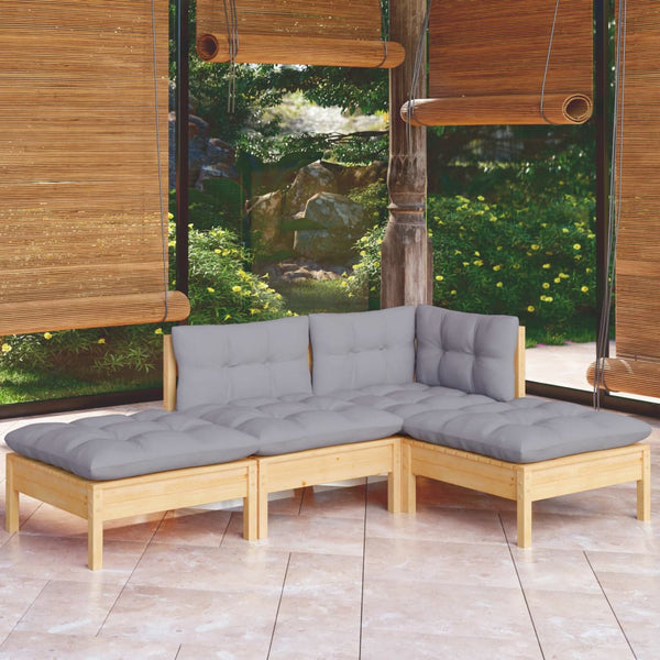 vidaXL 4-Piece Garden Lounge Set with Grey Cushions Solid Pine Wood