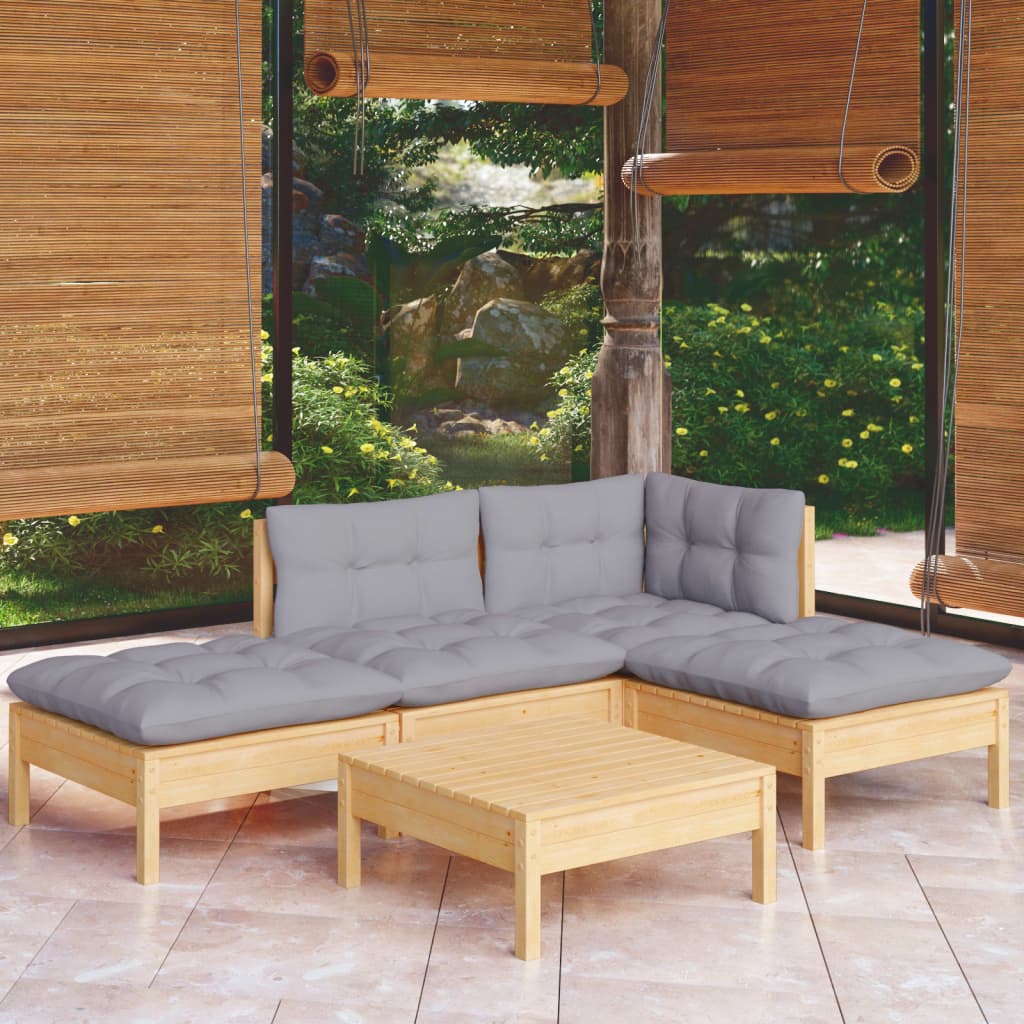 vidaXL 5-Piece Garden Lounge Set with Grey Cushions Solid Pinewood