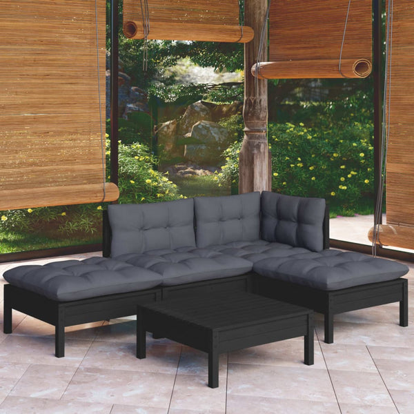 vidaXL 5-piece Garden Lounge Set with Cushions Black Pine Wood