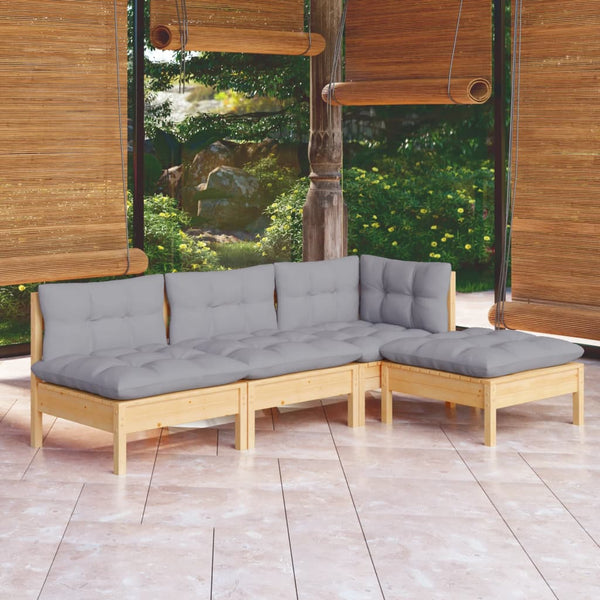 vidaXL 4-Piece Garden Lounge Set with Grey Cushions Pine Wood