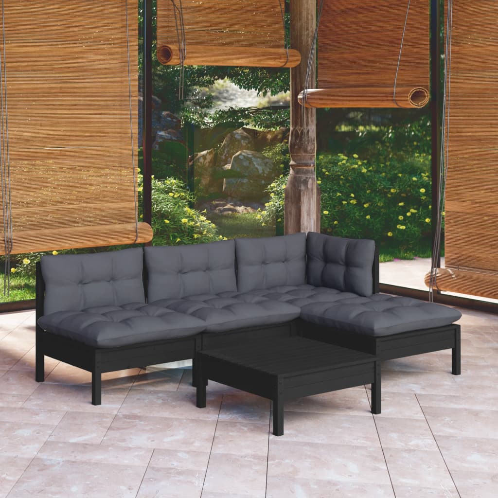 vidaXL 5-piece Garden Lounge Set with Cushions Black Pine Wood