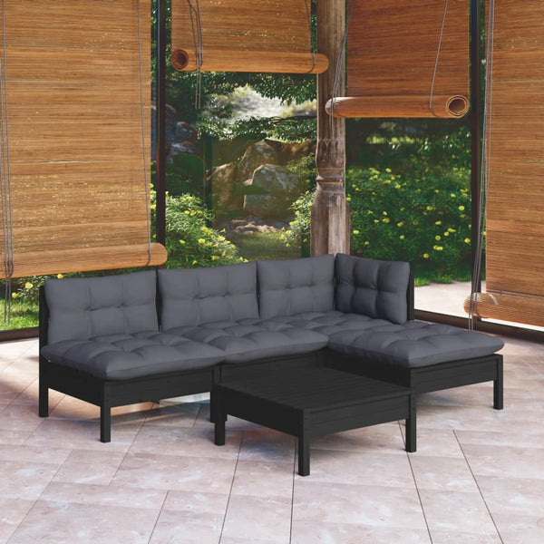 vidaXL 5-piece Garden Lounge Set with Cushions Black Pine Wood