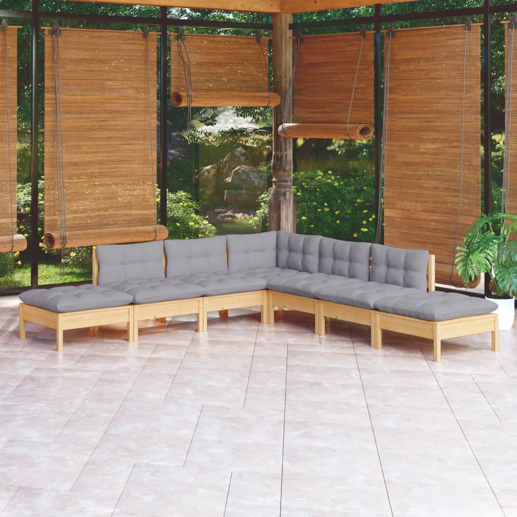 vidaXL 7-Piece Garden Lounge Set with Grey Cushions Solid Pinewood
