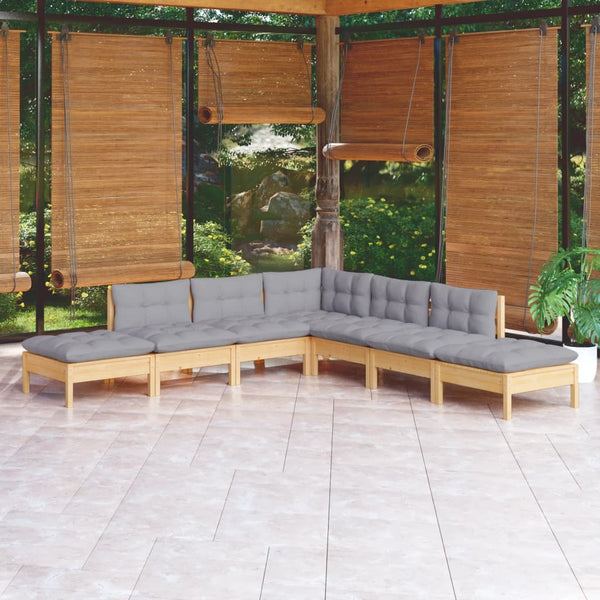 vidaXL 7-Piece Garden Lounge Set with Grey Cushions Solid Pinewood