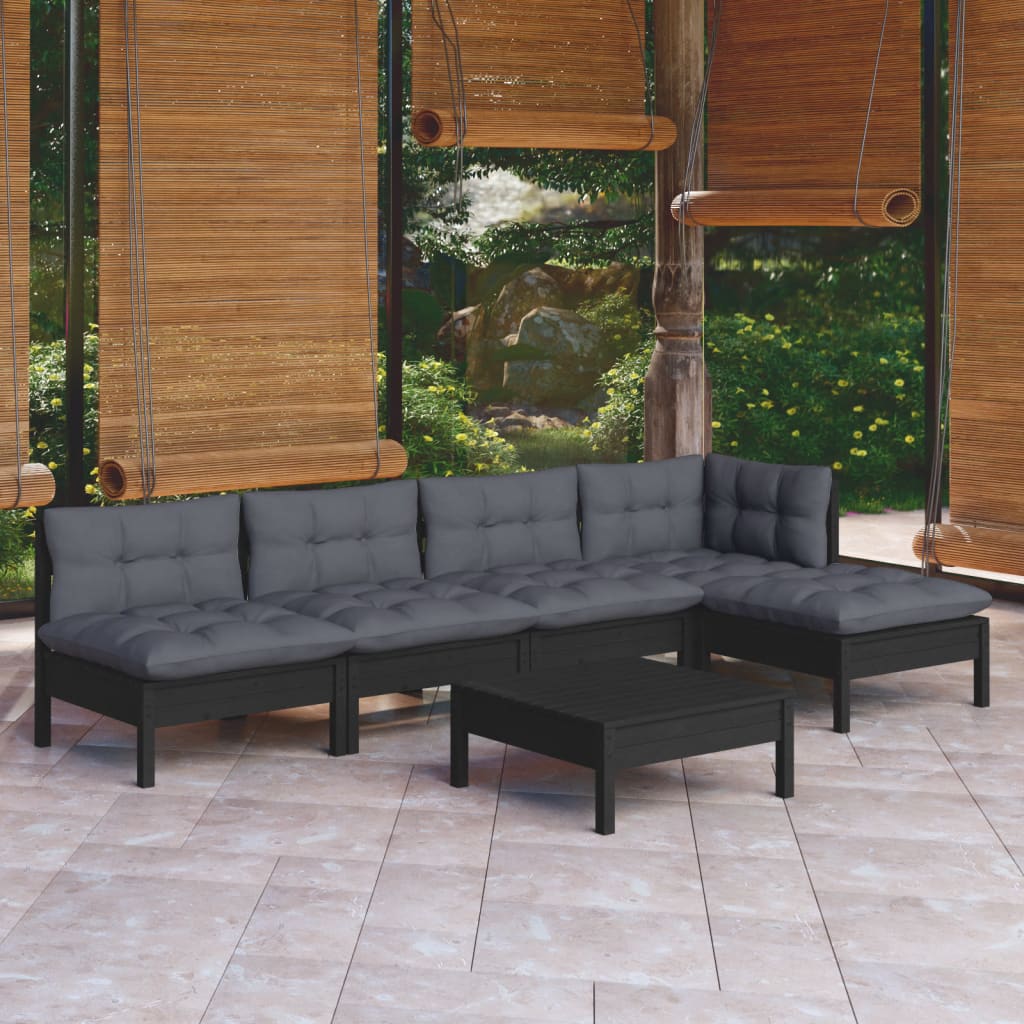 vidaXL 6-piece Garden Lounge Set with Cushions Black Pinewood