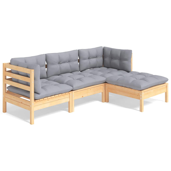 vidaXL 4-Piece Garden Lounge Set with Grey Cushions Pine Wood