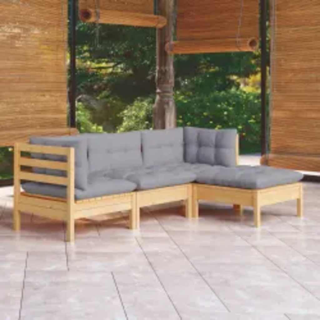 vidaXL 4-Piece Garden Lounge Set with Grey Cushions Pine Wood
