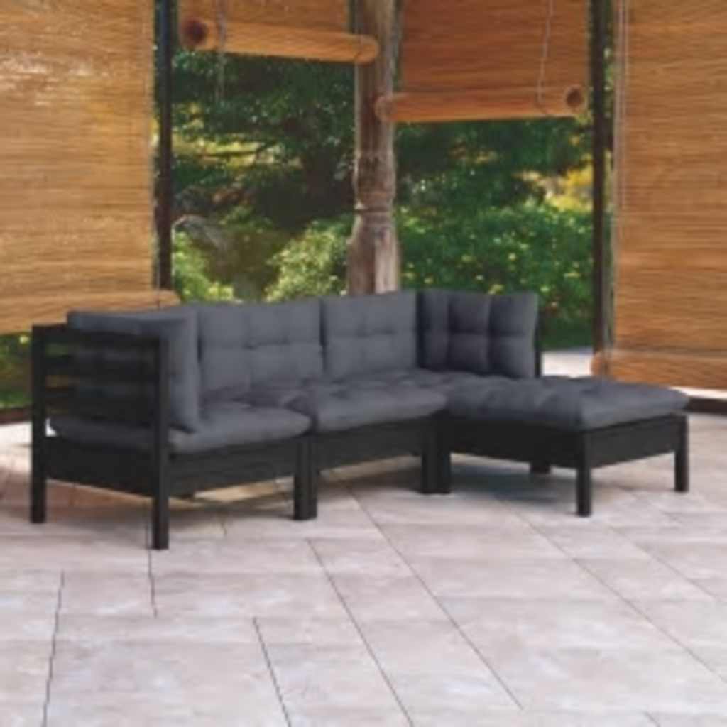 vidaXL 4-Piece Garden Lounge Set with Cushions Black Pinewood