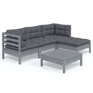 vidaXL 5-piece Garden Lounge Set with Cushions Grey Pinewood
