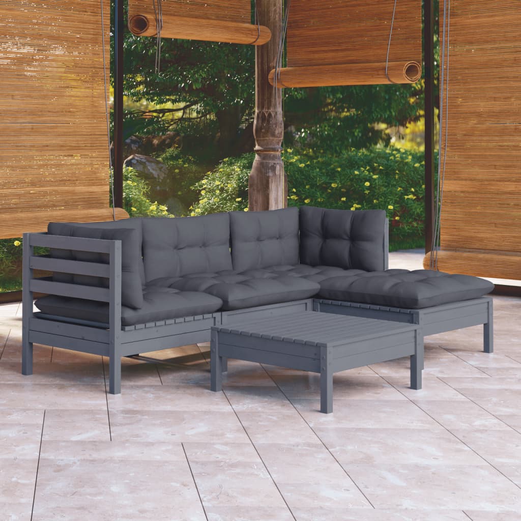 vidaXL 5-piece Garden Lounge Set with Cushions Grey Pinewood