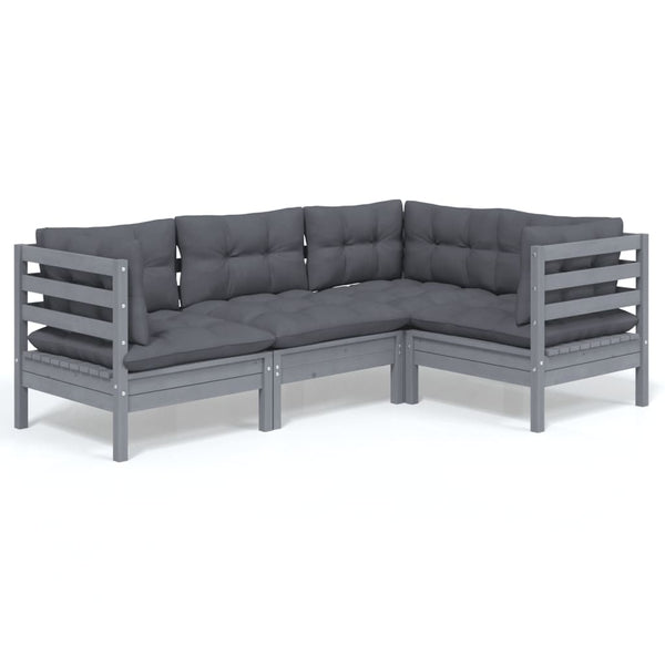 vidaXL 4-Piece Garden Lounge Set with Cushions Grey Pinewood