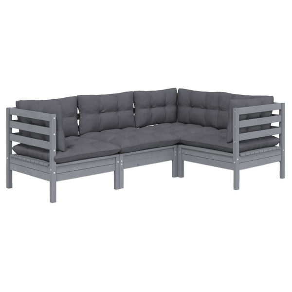 vidaXL 4-Piece Garden Lounge Set with Cushions Grey Pinewood