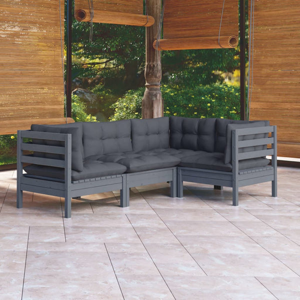 vidaXL 4-Piece Garden Lounge Set with Cushions Grey Pinewood