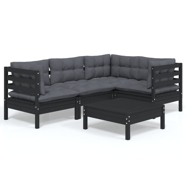 vidaXL 5-piece Garden Lounge Set with Cushions Black Pine Wood