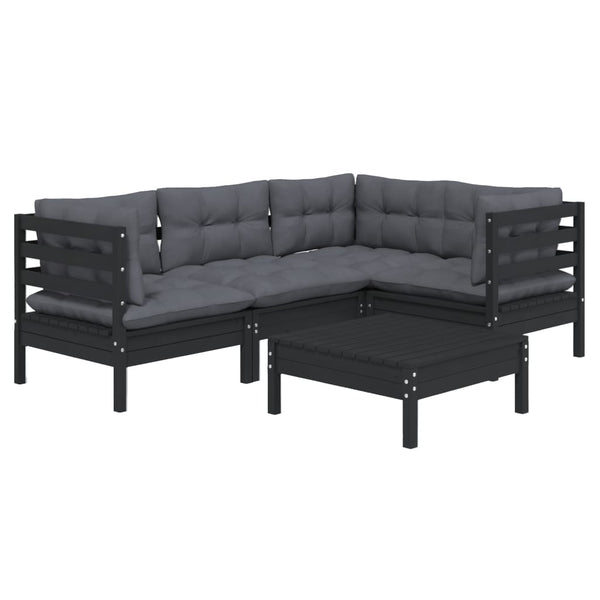 vidaXL 5-piece Garden Lounge Set with Cushions Black Pine Wood