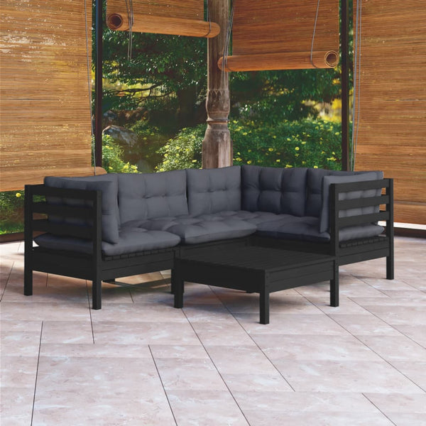 vidaXL 5-piece Garden Lounge Set with Cushions Black Pine Wood
