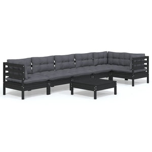 vidaXL 7-Piece Garden Lounge Set with Cushions Black Pinewood