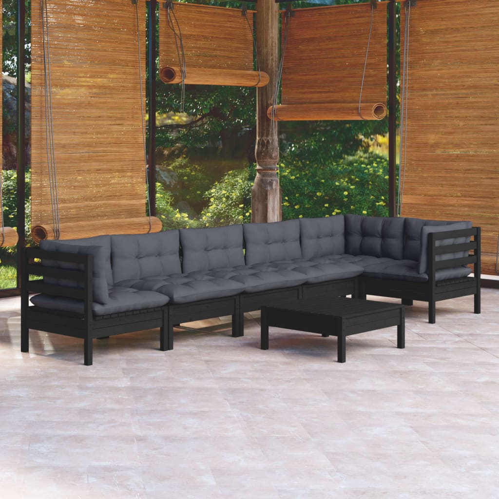 vidaXL 7-Piece Garden Lounge Set with Cushions Black Pinewood