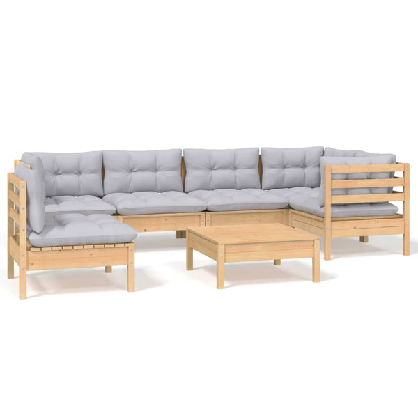 vidaXL 7-Piece Garden Lounge Set with Grey Cushions Solid Pinewood