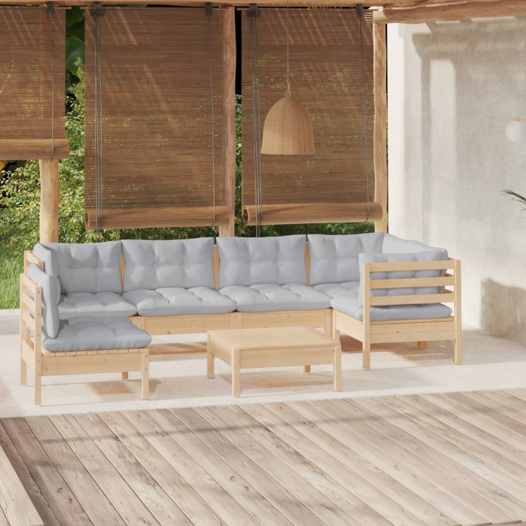 vidaXL 7-Piece Garden Lounge Set with Grey Cushions Solid Pinewood