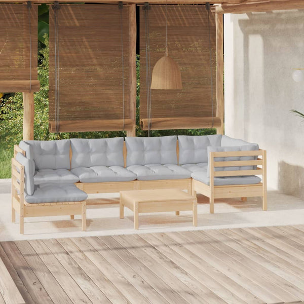 vidaXL 7-Piece Garden Lounge Set with Grey Cushions Solid Pinewood