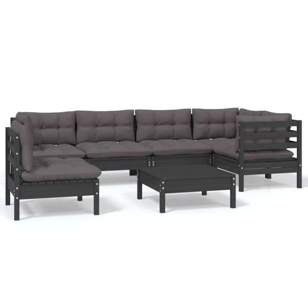 vidaXL 7-Piece Garden Lounge Set with Cushions Black Pinewood