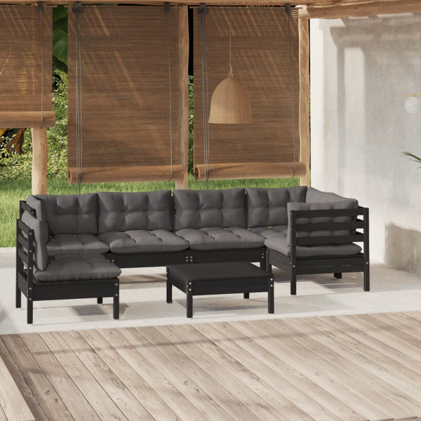 vidaXL 7-Piece Garden Lounge Set with Cushions Black Pinewood