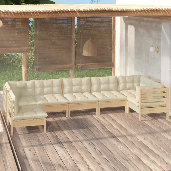vidaXL 7-Piece Garden Lounge Set with Cream Cushions Pinewood