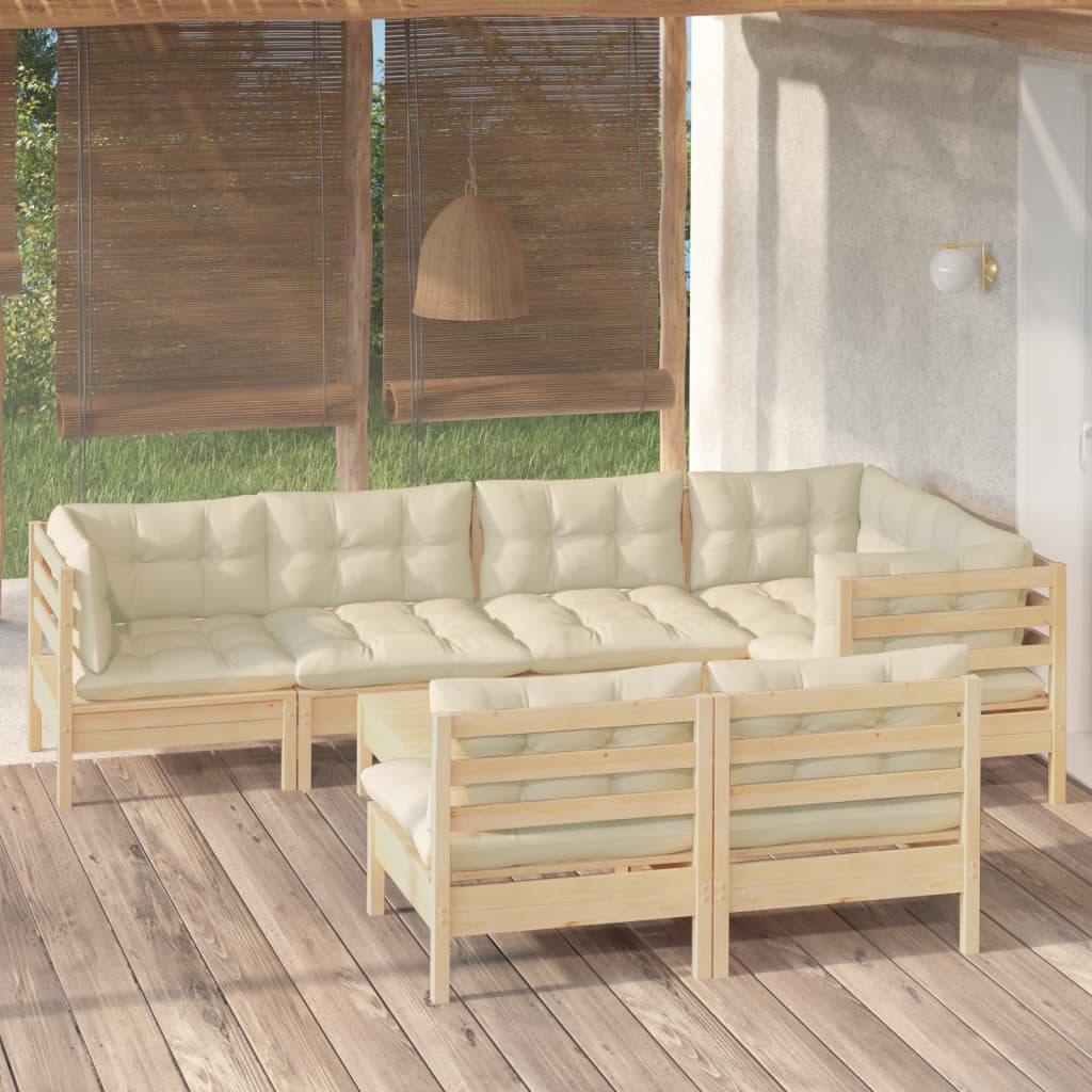 vidaXL 8-Piece Garden Lounge Set with Cream Cushions Solid Pine Wood