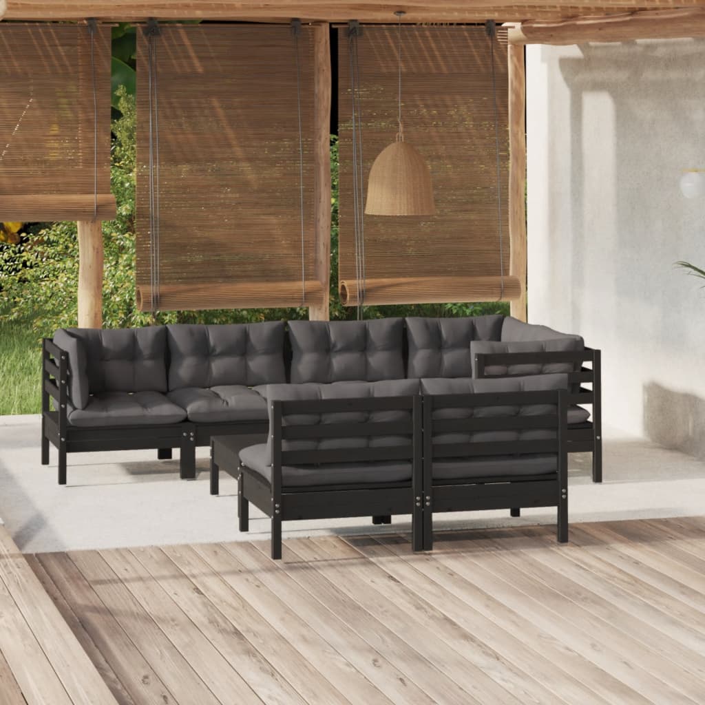vidaXL 8-piece Garden Lounge Set with Cushions Black Solid Pine Wood