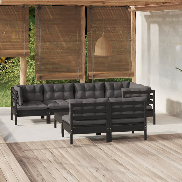 vidaXL 8-piece Garden Lounge Set with Cushions Black Solid Pine Wood