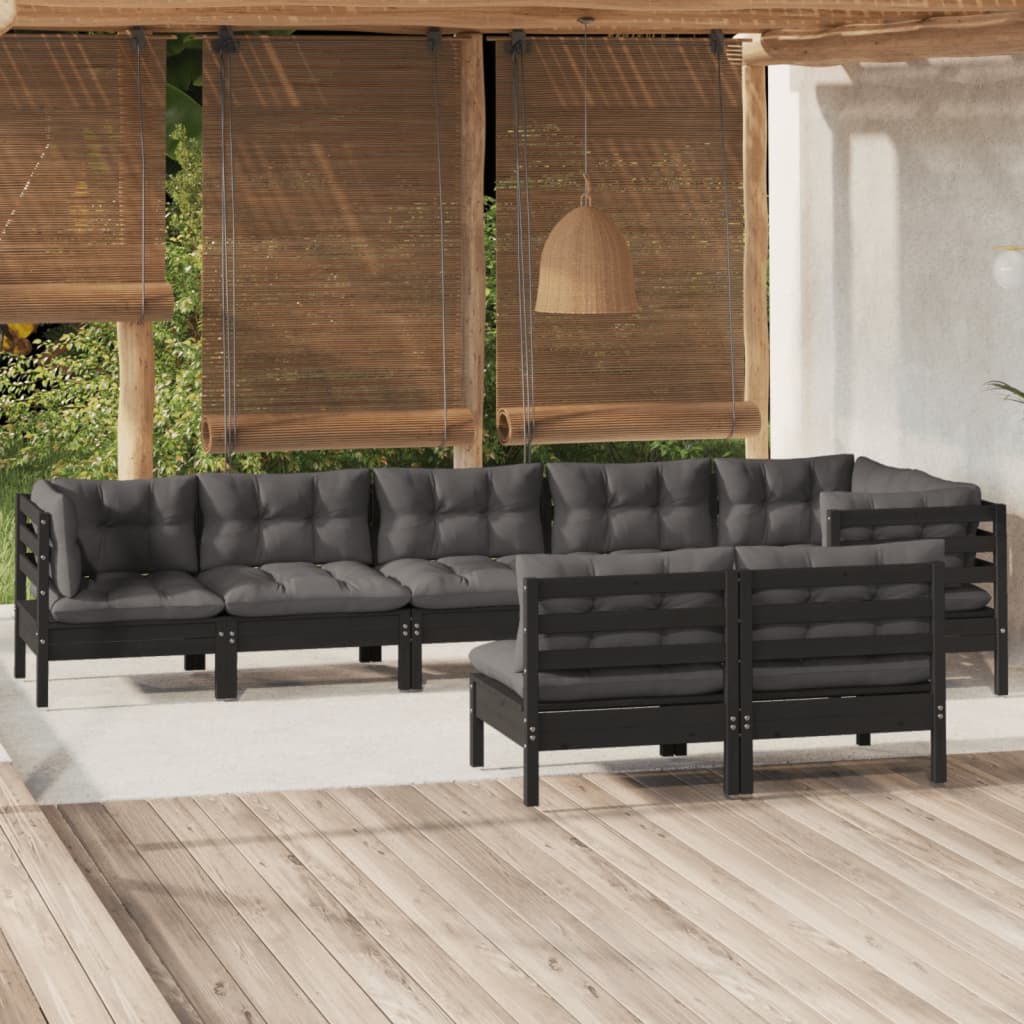 vidaXL 8-piece Garden Lounge Set with Cushions Black Solid Pine Wood