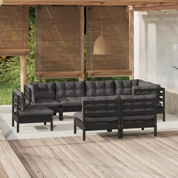 vidaXL 8-piece Garden Lounge Set with Cushions Black Solid Pine Wood