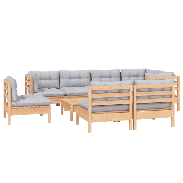 vidaXL 9-piece Garden Lounge Set with Grey Cushions Solid Pine Wood