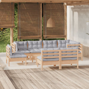 vidaXL 9-piece Garden Lounge Set with Grey Cushions Solid Pine Wood
