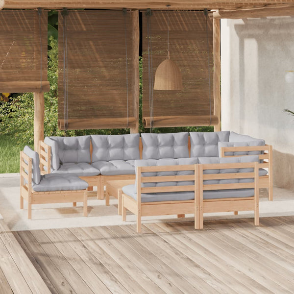 vidaXL 9-piece Garden Lounge Set with Grey Cushions Solid Pine Wood