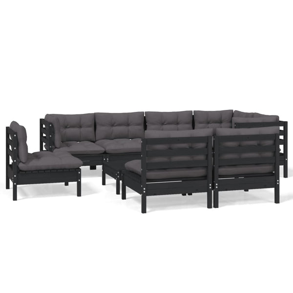 vidaXL 9-piece Garden Lounge Set with Cushions Black Solid Pine Wood