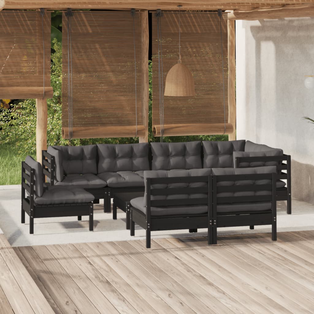 vidaXL 9-piece Garden Lounge Set with Cushions Black Solid Pine Wood
