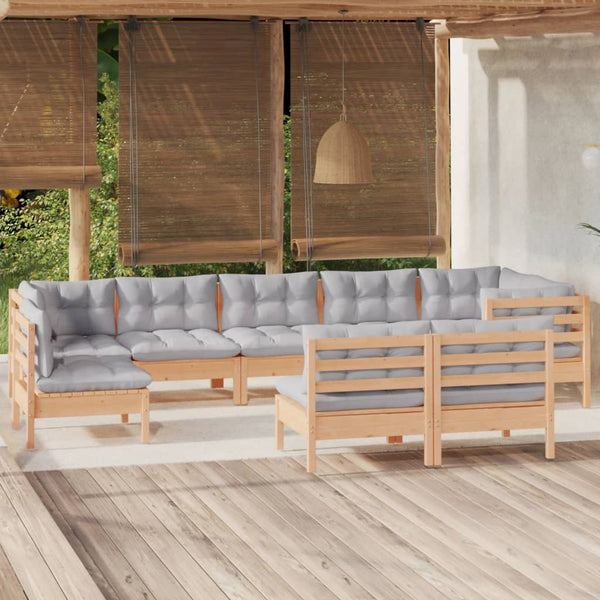 vidaXL 9-piece Garden Lounge Set with Grey Cushions Solid Pine Wood