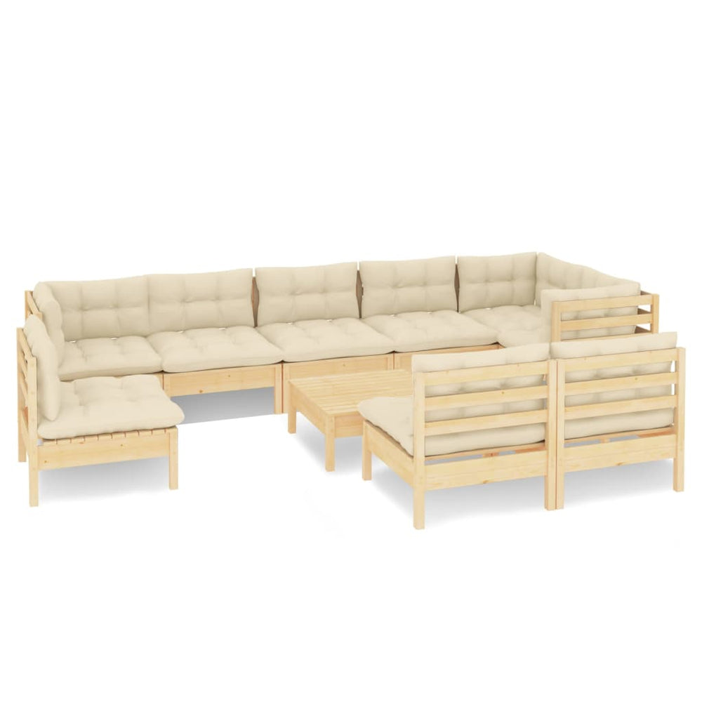 vidaXL 10-piece Garden Lounge Set with Cream Cushions Solid Pine Wood