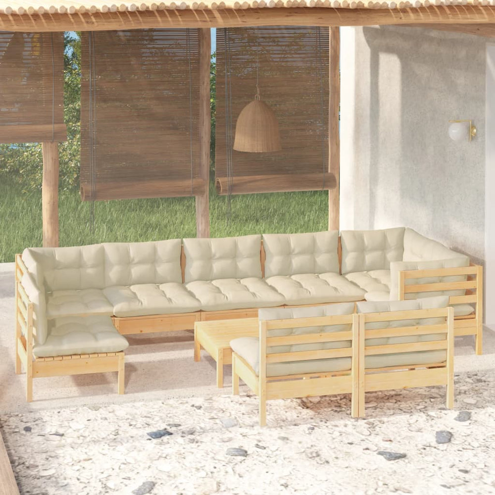vidaXL 10-piece Garden Lounge Set with Cream Cushions Solid Pine Wood