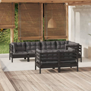 vidaXL 7-piece Garden Lounge Set with Cushions Black Solid Pine Wood
