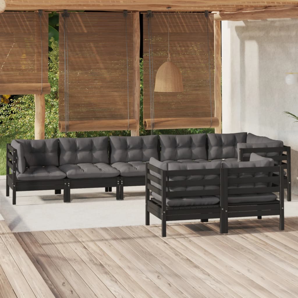 vidaXL 8-piece Garden Lounge Set with Cushions Black Solid Pine Wood