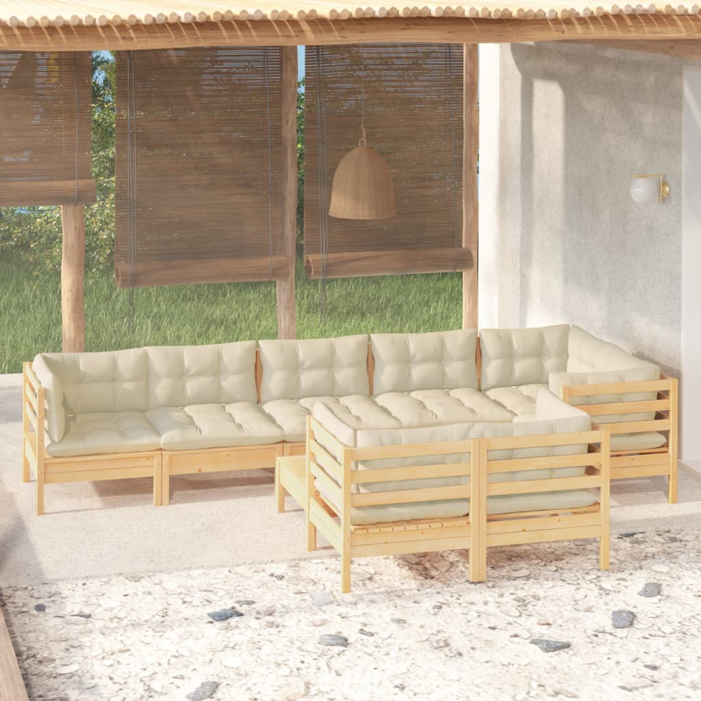 vidaXL 9-piece Garden Lounge Set with Cream Cushions Solid Pine Wood