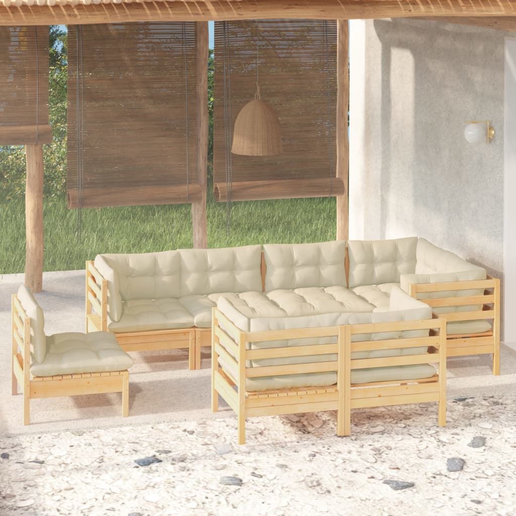 vidaXL 8-Piece Garden Lounge Set with Cream Cushions Solid Pine Wood