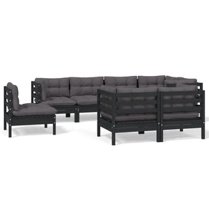 vidaXL 8-piece Garden Lounge Set with Cushions Black Solid Pine Wood