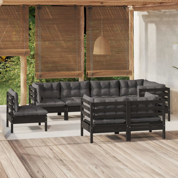 vidaXL 8-piece Garden Lounge Set with Cushions Black Solid Pine Wood