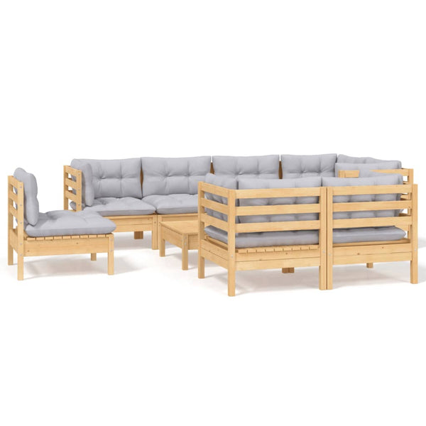 vidaXL 9-piece Garden Lounge Set with Grey Cushions Solid Pine Wood